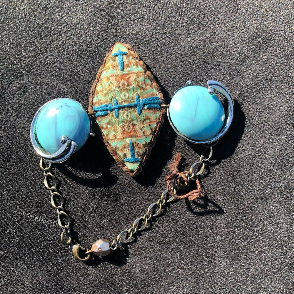 Artist Turquoise, Silver & Leather Women's Western Bracelet With Geo Design